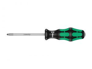 High quality Kraftform Plus screwdriver by Wera. Hard gripping zones for high working speeds whereas soft zones ensure high torque transfer for fast and low-fatigue working. The tips of Wera Lasertip screwdrivers are microscopically roughened by means of laser beams. This rough surface literally bites into the head of the screw. Any unintentional slipping out is therefore a thing of the past. "Take it easy" tool finder with colour coding according to profiles and size stamp – for simple and rapid accessing of the required tool. The hexagonal non-roll feature prevents any rolling away at the workplace.