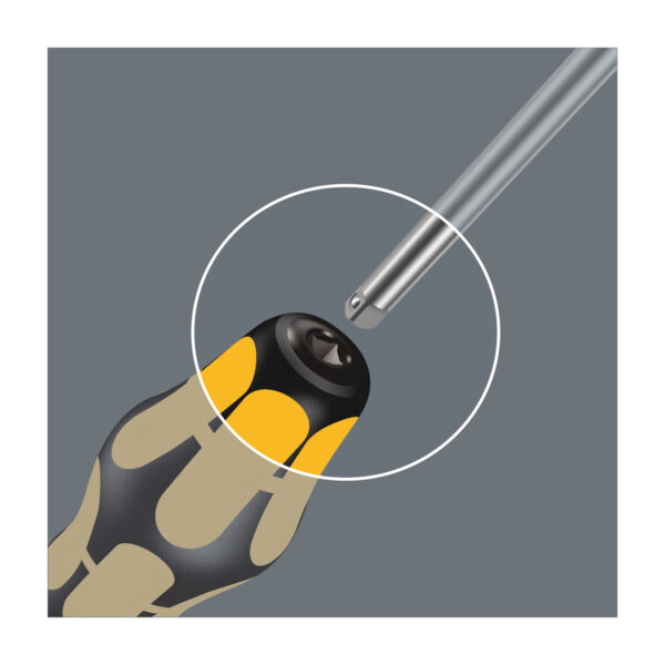 even when struck with a hammer. The ductile tempered material prevents the blade from splintering or breaking. Comes with an impact cap for durability and reduced risk of splintering. The square take-up in the impact cap enables higher torque transfer when screwdriving with the T-handle