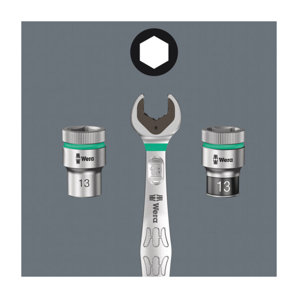 which reduces the risk of dropping nuts and bolts. The replaceable metal plate in the jaw secures nuts and bolts with its extra hard teeth and reduces the danger of slipping. The integrated limit stop prevents any slipping around the bolt head and allows higher torque to be applied. The double-hex geometry makes for a positive connection with nuts or bolts and reduces the risk of slipping. A return angle of only 30° at the open end prevents any time consuming flipping of the wrench. The ratchet mechanism at the ring end