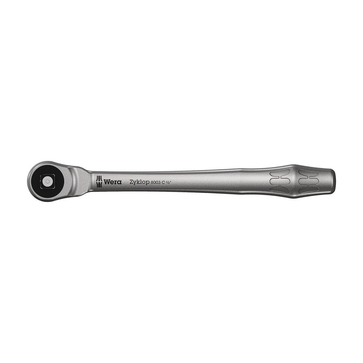 Zyklop Metal ratchet with push-through square. Slim design for work in even very confined spaces. The dual ratchet teeth design makes a 76 fine-pitched toothing out of 38 robust teeth that allows a return angle of only 4.7°. Very simple direction change by actuating the non-detachable push-through square; for the first time also with secure socket locking function. Forged