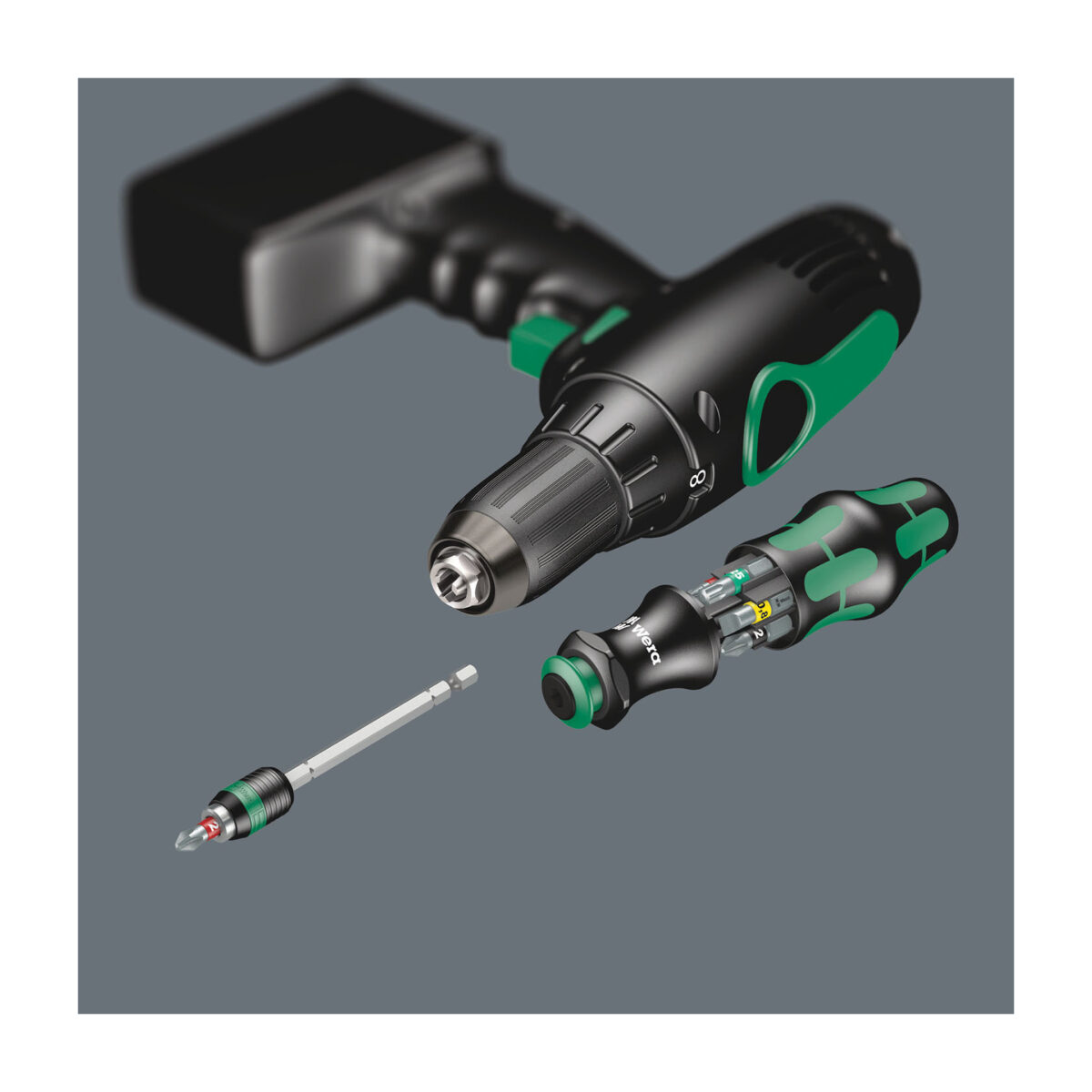 multi-component for particularly ergonomic screwdriving. Integrated magazine for the storage of the bits. In this way