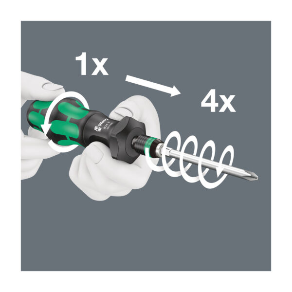 and is much faster than a conventional screwdriver. A part-time universal gear is the solution: Integrated in the screwdriver handle
