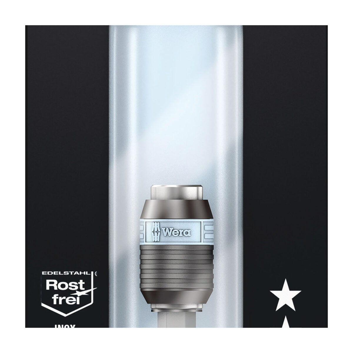 Universal holder for the take-up of bits with 1/4" hexagon head drive as per DIN ISO 1173-C 6.3 (ISO 1173). Stainless design to prevent extraneous rust. Comes with Rapidaptor technology